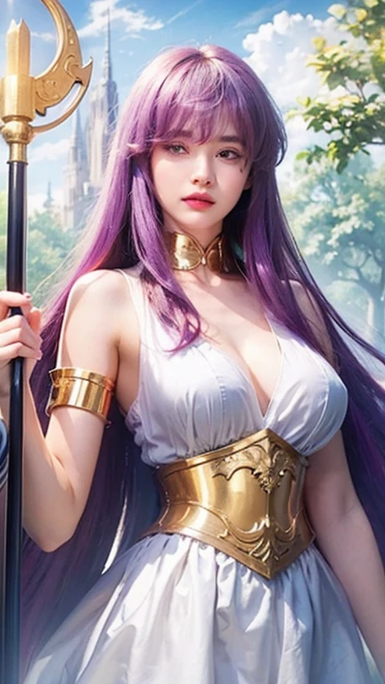 masterpiece, best quality, 1girl, Mysterious expression, magical effects like sparkles or energy, cinematic light, ultra high res, 8k uhd, film grain, best shadow, delicate, RAW, light particles, detailed skin texture, beautiful detailed face, intricate details, ultra detailed, gold hairpiece, (big breasts:1.5), dynamic pose, (photorealistic), (Greek temple), looking at viewer, (Kido_Saori:1.2), (plunging neckline), (armlet), (gold corset:1.3), (white_dress), (staff:1.3), (purple_hair), blue_eyes,