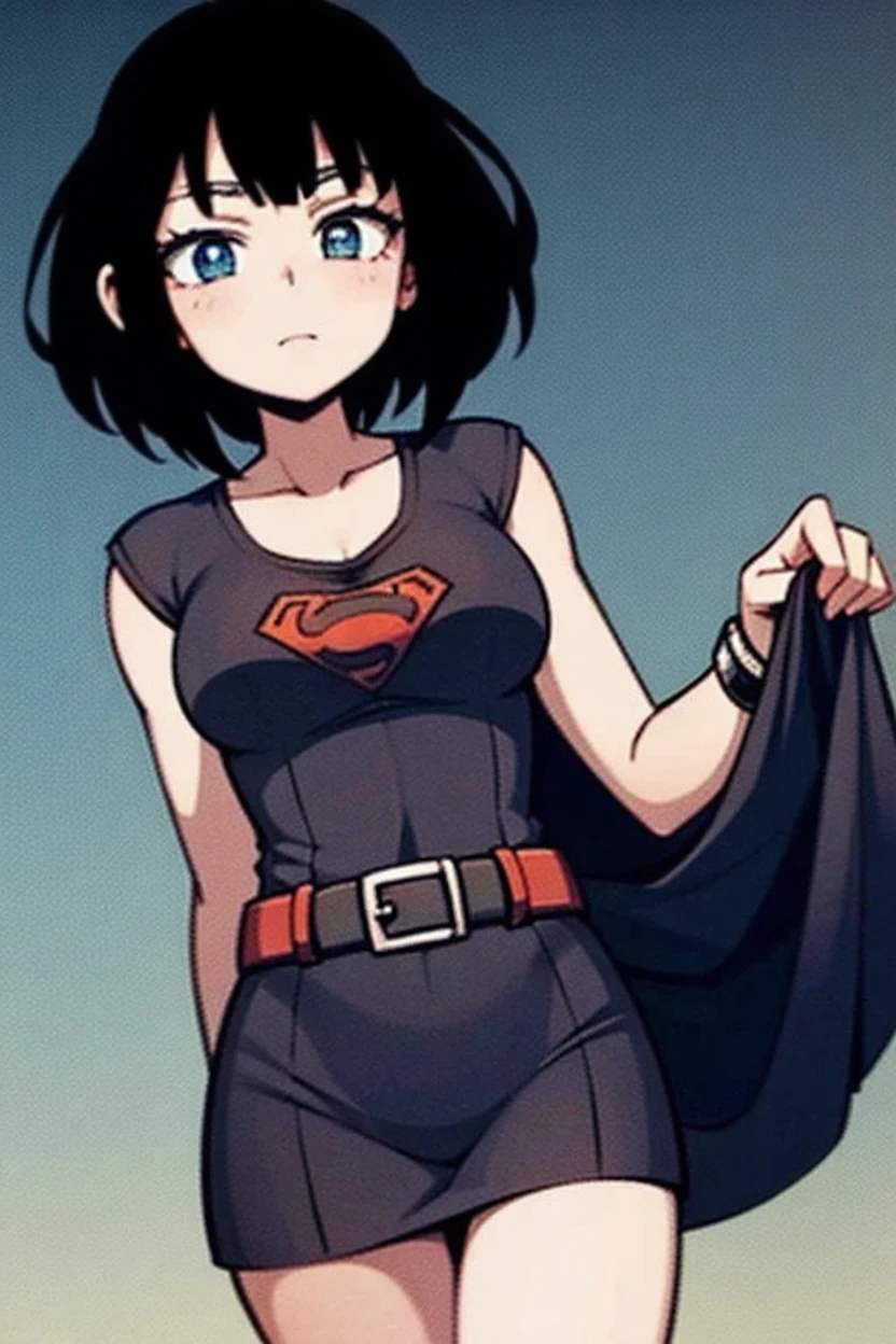 1female , undercut hair , wavy hair ,short hair, black Hair , golden Eyes , lean build ,teen female , Serious Expression , Modern City Background , modern city background, Black T-Shirt Croptop with a Superman S symbol, Short Shorts Shorts , Jean Shorts ,