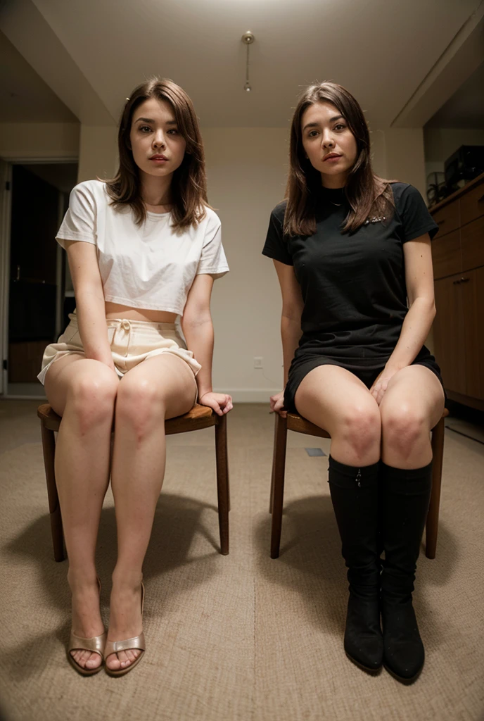 Perfect faces, split screen, 2 girls, wearing different cleancut sheer pantyhose, very detailed, bangs hair, (Jenna Ortega), (((Platino 15 denier ultra-sheer tights))), girl on left has on skin colored pantyhose, girl on right has on black pantyhose, long hair, bangs, photorealistic, seductive look at camera, both wear Christian Louboutins high heels