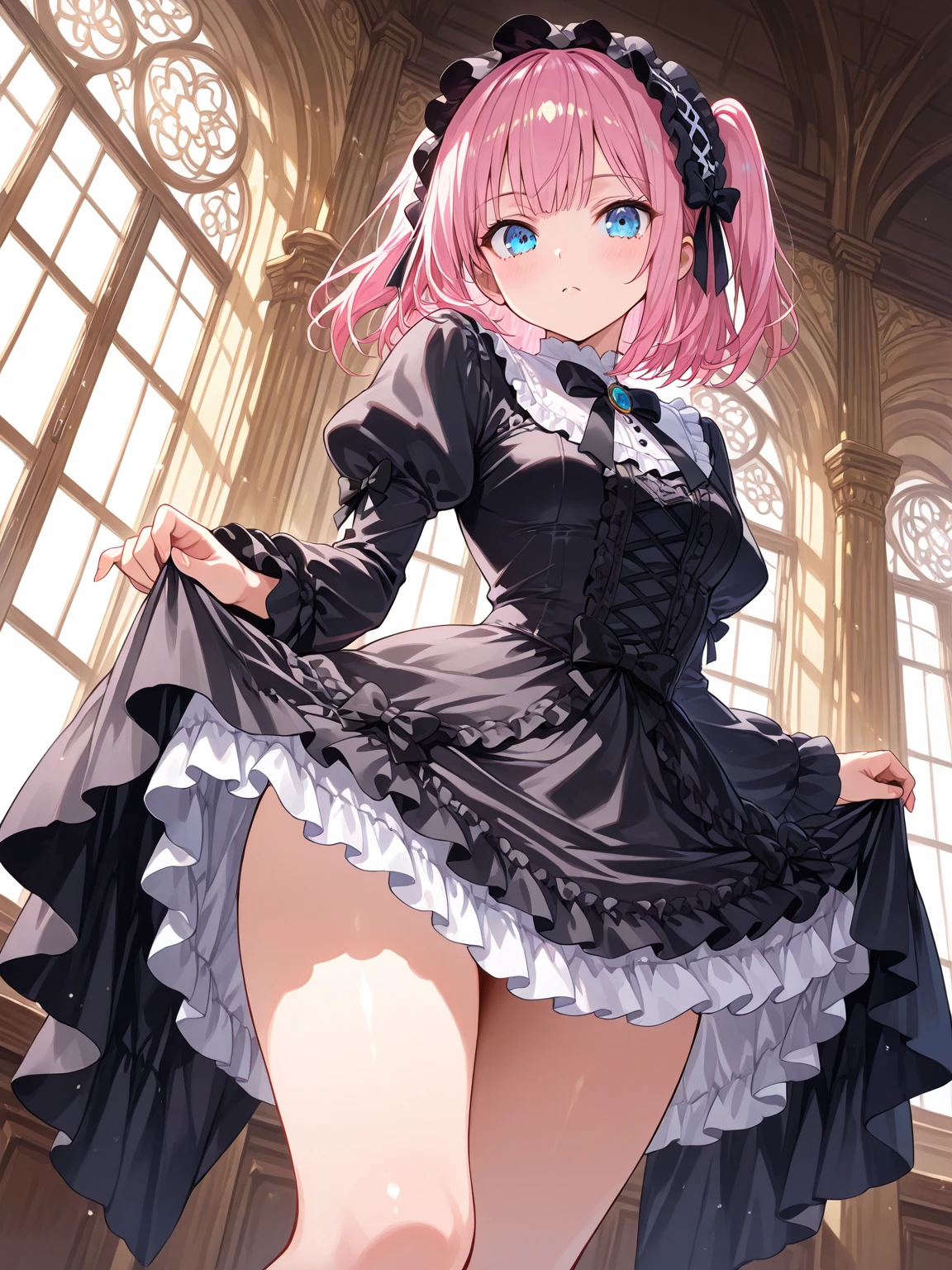 ((nsfw:1.3)),((side tie panties:1.3)),((open pussy panties:1.3)),((high quality pussy:1.3)),(open chest:1.2),((very flat chest :1.3)),((open design skirt:1.3)),((ribbon garter)),highest quality, masterpiece, long eyelashes, Sparkling輝く目, Dresses with ruffles and ribbons, Eat cake in a café, Sparkling, Cat ear, flower hair ornament,