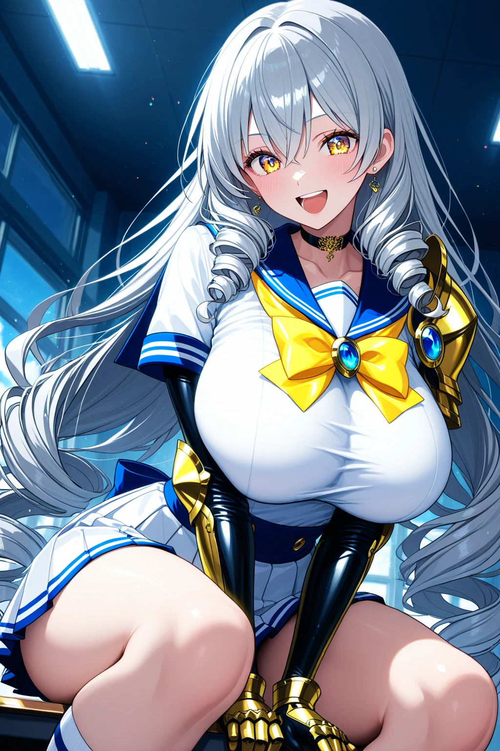 (masterpiece:1.2、highest quality、Tmasterpiece)、1 female、alone、classroom、Day、(Are standing)、whole body、blonde、(Braid:1.2)、blue eyes、(Sailor suit:1.4)、(Dark Skin:1.4)、Big Breasts、Long sleeve、corset、Earrings、lipstick、pantyhose、mini skirt、Very sweaty、choker、blush、Covered breasts、前髪Braid、(Thick lips:1.2)、(Limb restraints:1.4)