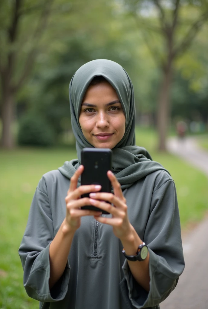 Black headscarf, barefoot, Woman in jeans chatting with male friends on picnic.