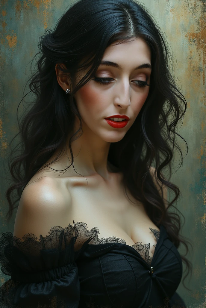 Créez un portrait de Carmilla par Sheridan Le Fanu, femme adolescente, longs cheveux frisés noirs, gothique. Elle porte une chemise de nuit transparente légère blanche laissant apercevoir ses mamelons.  Son expression est énigmatique , a blend of seduction, , and predatory hunger, as if she is both inviting and warning against her dark embrace. Small breast and deep cleveage. mamelons visibles. 19 ans. Expression sensuelle et timide. Nudité douce