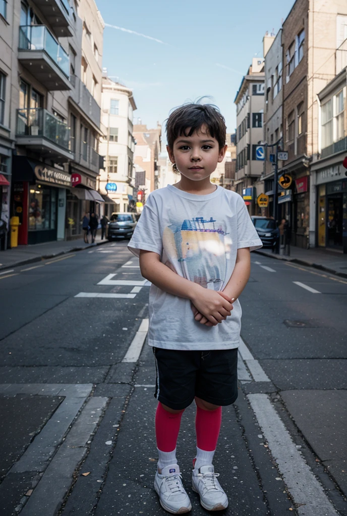 "A little boy looks at his father in the street in the city