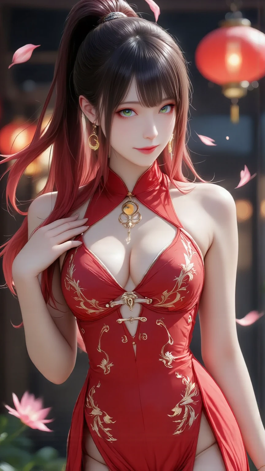 Ridiculous resolution,A high resolution,(tmasterpiece:1.4),ultra - detailed,1 Peerless beauty,Anterior convex and posterior,from the front side,the space,afloat,red bra,red panties,black lence stockings,pale brown hair,Golden eyes,Hand out of the box