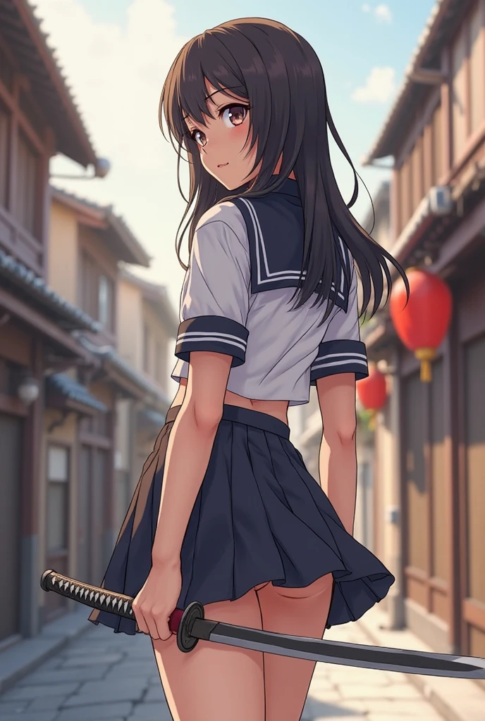 BTPT-FC,Thin thighs,kaga (kancolle), {{kaga kai ni (kancolle)}}, side ponytail, brown eyes, black long hair, black thighhighs, short skirt, hakama skirt, japanese clothes, , blue hakama, hakama, tasuki, 
,Fleet Collection, highest quality,,Are standing,Cowboy Shot,room,