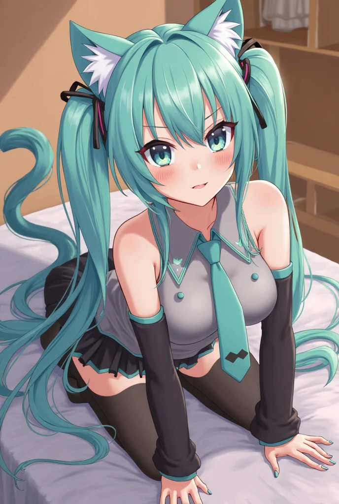 Masterpiece, Hatsune Miku, giantess, looming over tiny guy, indoors