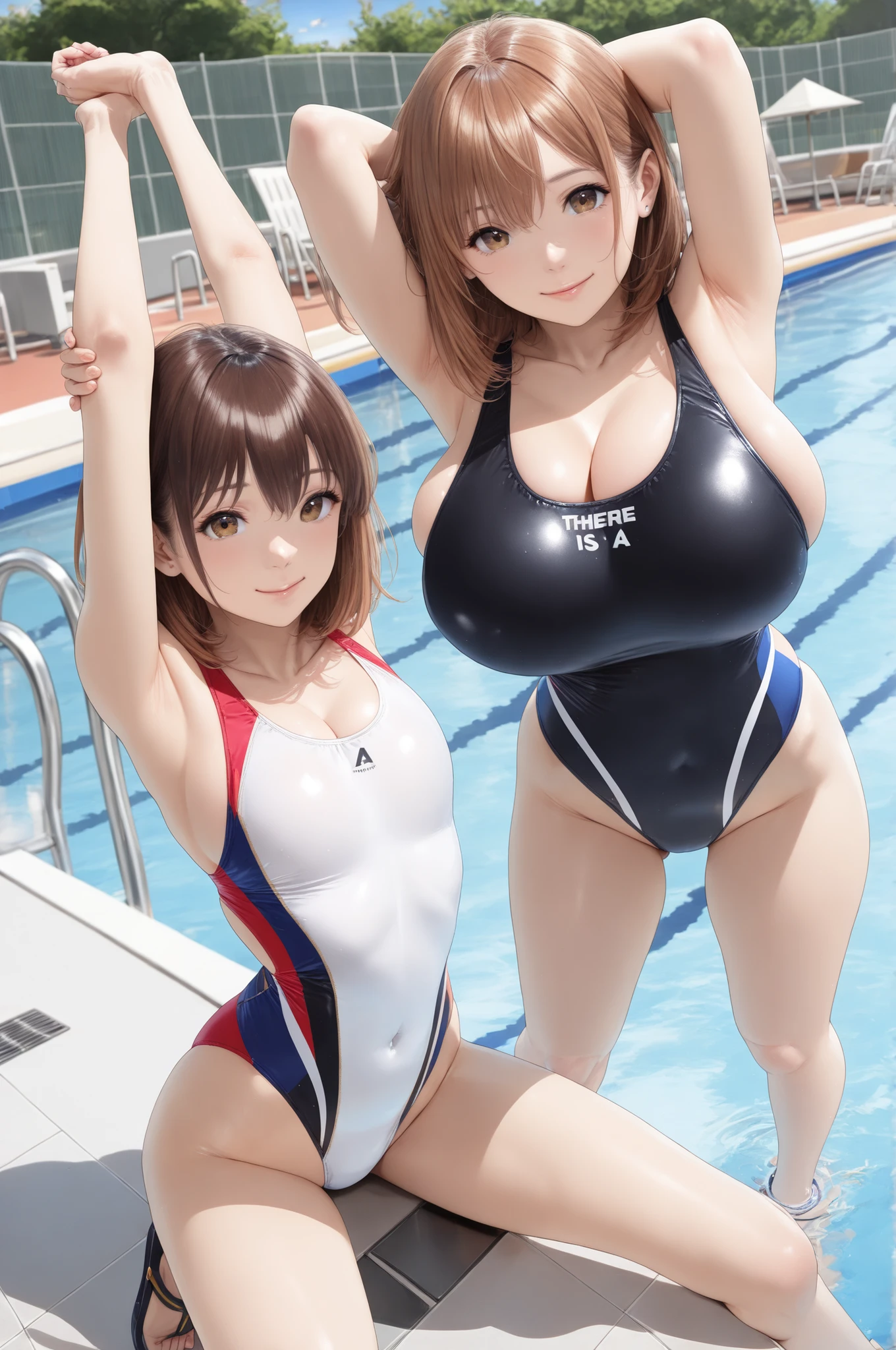 (8K, Highest quality, Ultra-detailed, Professional Lighting), 1peopleの女の子, beautiful, Japanese, Dark blue school swimsuit, Dark blue one-piece swimsuit, Huge breasts, Flapping breasts, plump, Skin Dance, School swimming pool, Outdoor, from the front, stand, (handjob gesture:1.5), foot_Away, (smile:1.3), Glowing Skin, Diving board, (people, crowd:1.3), Flat Floor, Nikko Kitagawa Marine.