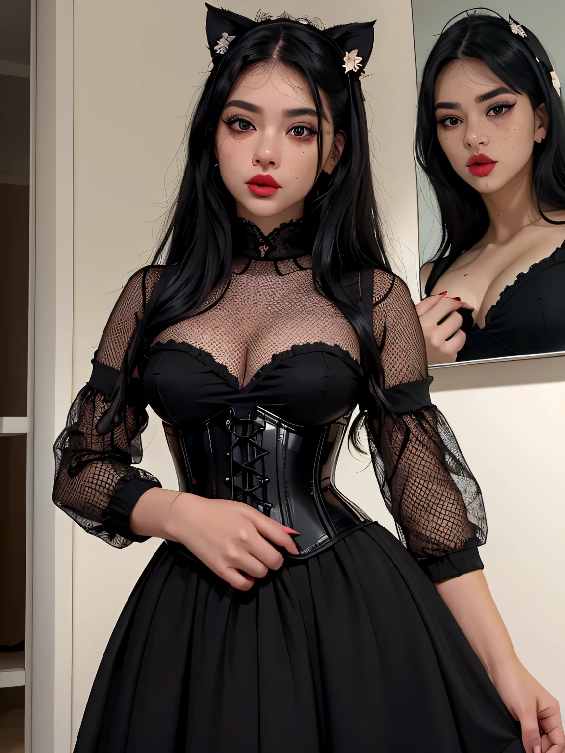 MeiMeiBD1, 1girl, solo, long hair, braid, hair over one eye, dress, smile, black dress, de quatro com a bunda empinada