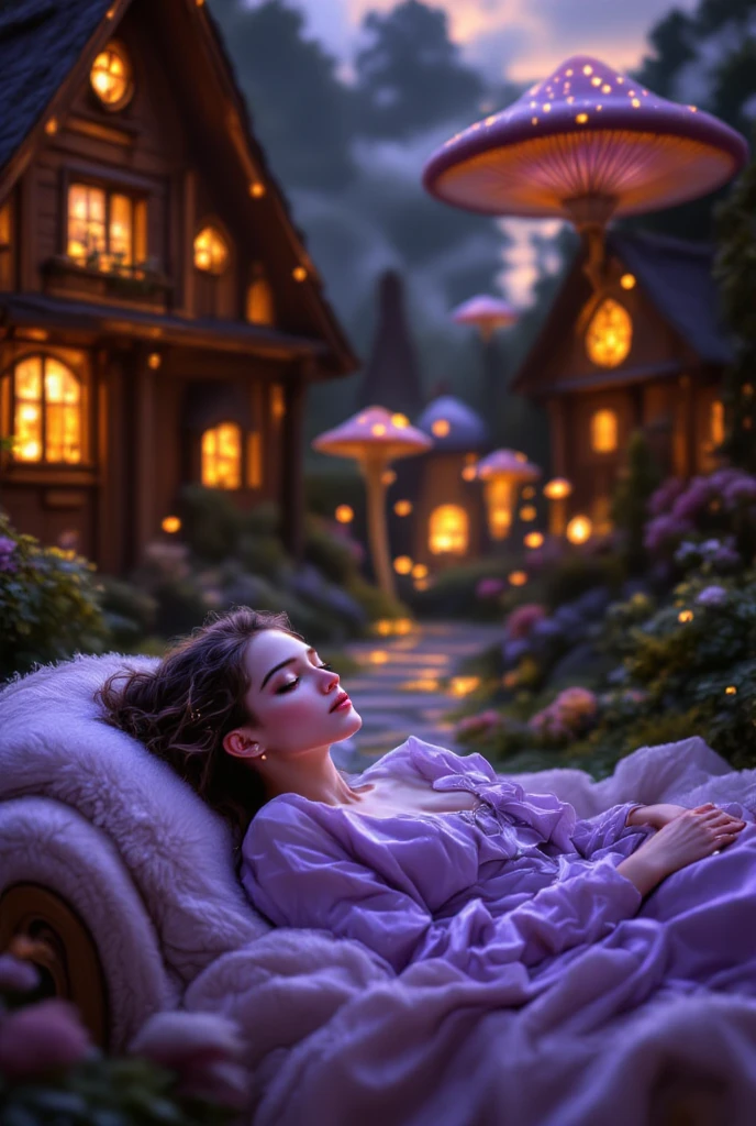 A village of Wooden Buildings, magic Mushrooms grow, mushrooms glow with neon lights, windows Beautiful patterned, lies on a Beautiful Fur Upholstered Sofa,  lies a beautiful girl , expressive facial features, sexy, in a Light purple dress, A light breeze develops hair, long hair with a beautiful hairstyle, Soft pillow under the head, looks very beautiful, Unusual cloud colors, mysterious image,  Masterpiece , best quality, maximum quality, intricate details, fantasy style, 8 k, high definition, maximum details, pinkfluxproultrafantasia,