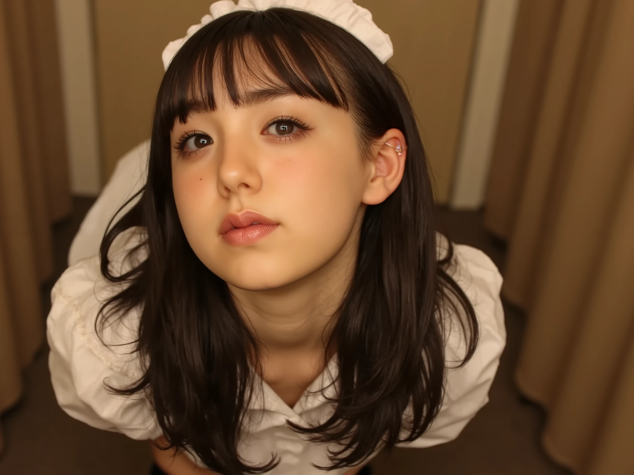 POV, ((full body:1.5)), ((Two sexy maids kneel in front of the bedroom entrance:1.5)), ((A small mouth wide open)), ((heart shaped nipple paste:1.5)), (very short hair, up hair), (empty eyes), black high heels, (forehead), (earrings) 
