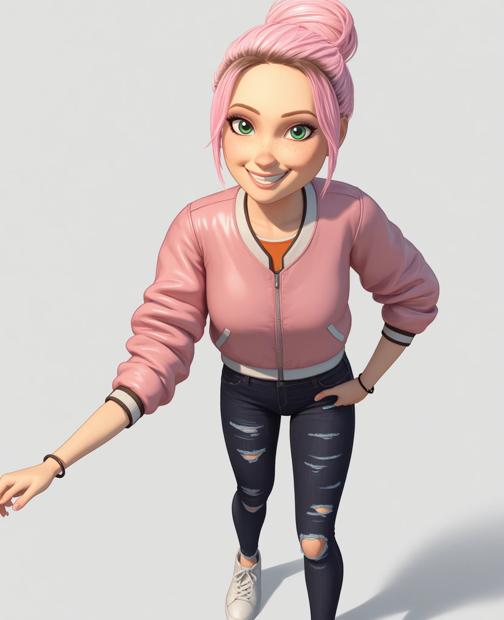 Gwen, human, standing, butt, hands on butt, spread legs, tight pants, cameltoe , seductive, blush, on the street