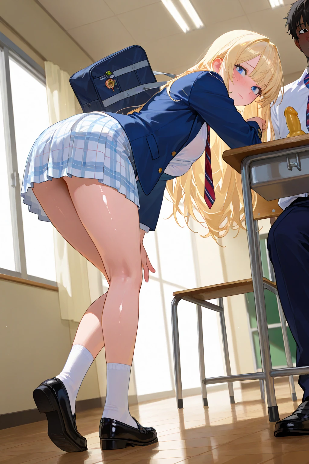 anime artwork, score_9, score_8_up, score_7_up, score_6_up, score_5_up, score_4_up, r,Camie Utsushimi, light brown hair, dark brown eyes,, breasts, , big breasts, at school, (school uniform:1.2), desk, cap, she is 24 years old, striped panties, rating explitic, wet whirt, ,horny, , , white stockings, shoes,, , style_3, text on board, 1boy, Izuku Midoriya, his penis rubbing her ass from behind, side view