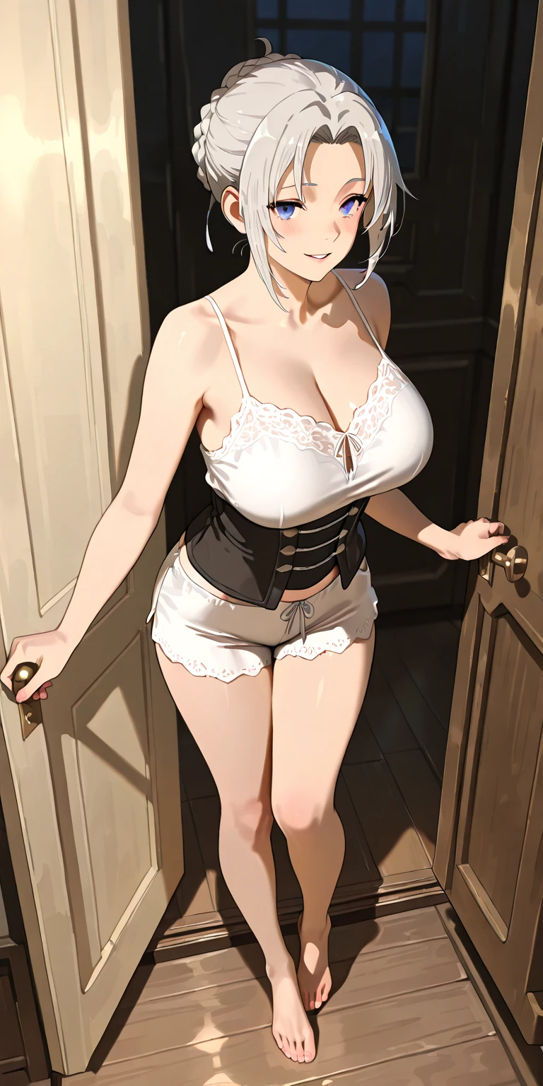 A beautiful woman, deeply sexy, stunning, provocative, large and round breasts, topless, thin waist, long legs, descends a luxurious staircase of a mansion. Lights and shadows, detailed, cinematic light.