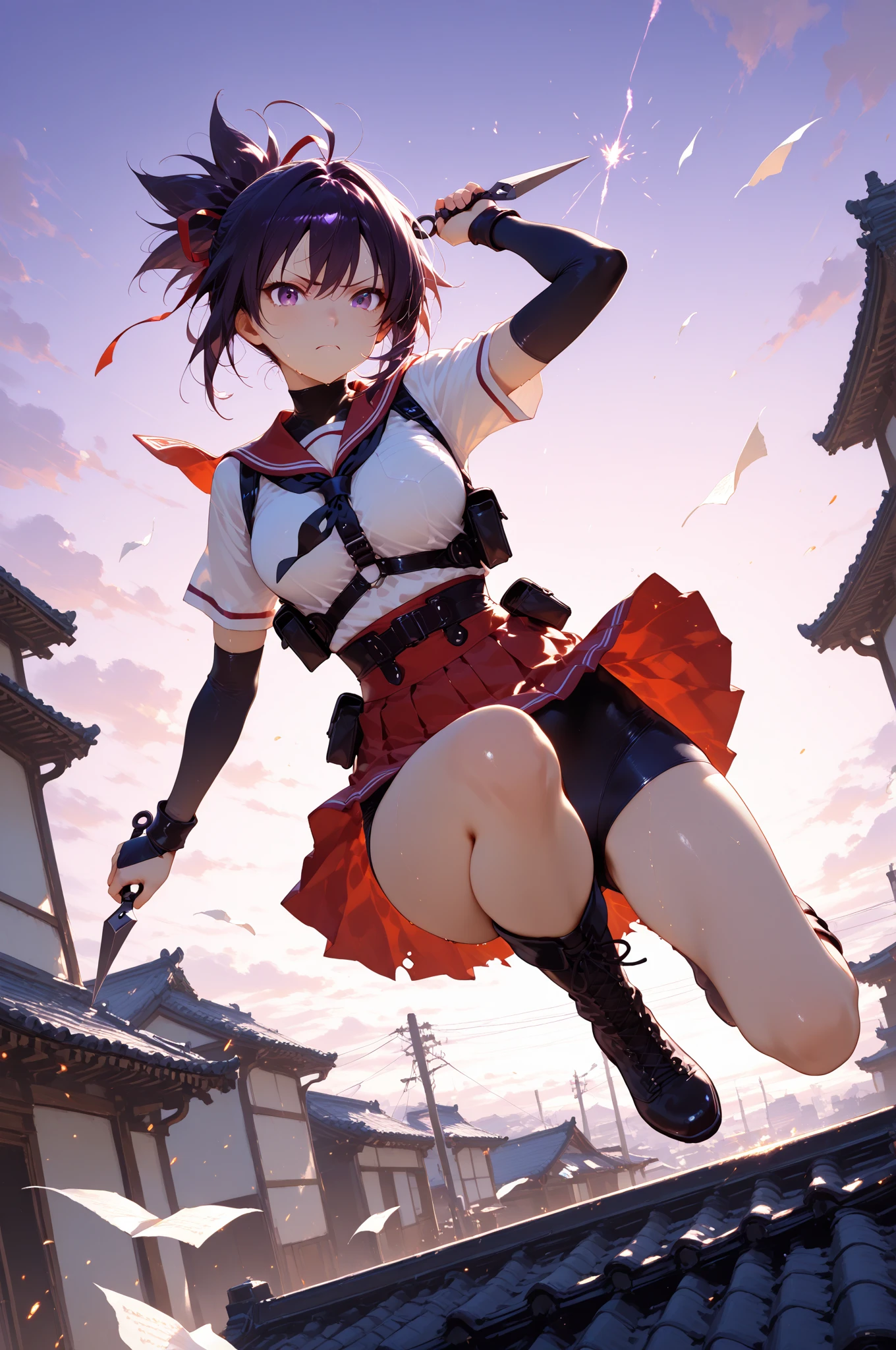 ((highest quality)), ((masterpiece)), (High resolution), 8K, best shadow, The best natural light, cinematic, woman climbing stairs、20-year-old, dragonballpan,pan gt,short hair,black hair,gloves,short sleeves,black gloves,belt, fingerless gloves,yellow eyes,(red shirt:1.5),black belt,bandana,((orange bandana)),black skirt,tight skirt , miniskirt,jewelry,Looking back, bashful、((Rear view))、Angle from directly below the rear, ((View from directly below)),whole body、Manga panel layout、cartoon style、Manga Design、station stairs、on the way to school, A skirt that flips in the wind, Stylish white panties hidden under a skirt, slender body,beautiful thighs, embarrassed expression, blush, huge ass,big ass,((upper body)),detailed face, perfect face,4k,ultra high definition ,((big ass)), ((huge ass:1.5)) ,(wide hips )

