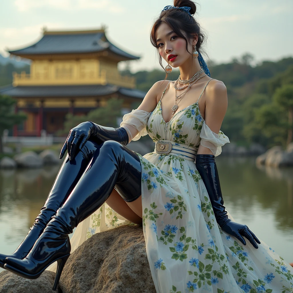 ((best qualtiy,8K,tmasterpiece:1.3)), 1girll, ssmile, full bodyesbian, Slim Faces, Beautiful woman, (dark brown hair), purple evening dress,Lace gloves ,Black tights,No shoes:1.1, Super detailed face, Detailed eyes, 二重まぶた, blur backgroun, Sitting on the steps