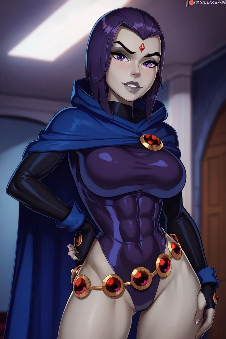 masterpiece, best quality, outdoors, lens flare, light particles, depth of field, 1girl, solo, looking at viewer, ravdc, grey skin, forehead jewel, cape, (leotard:1.4), belt, hands on hips, blue cape, (muscular, thick thighs:1.3), smile, hard nipples, (small breasts:1.5)