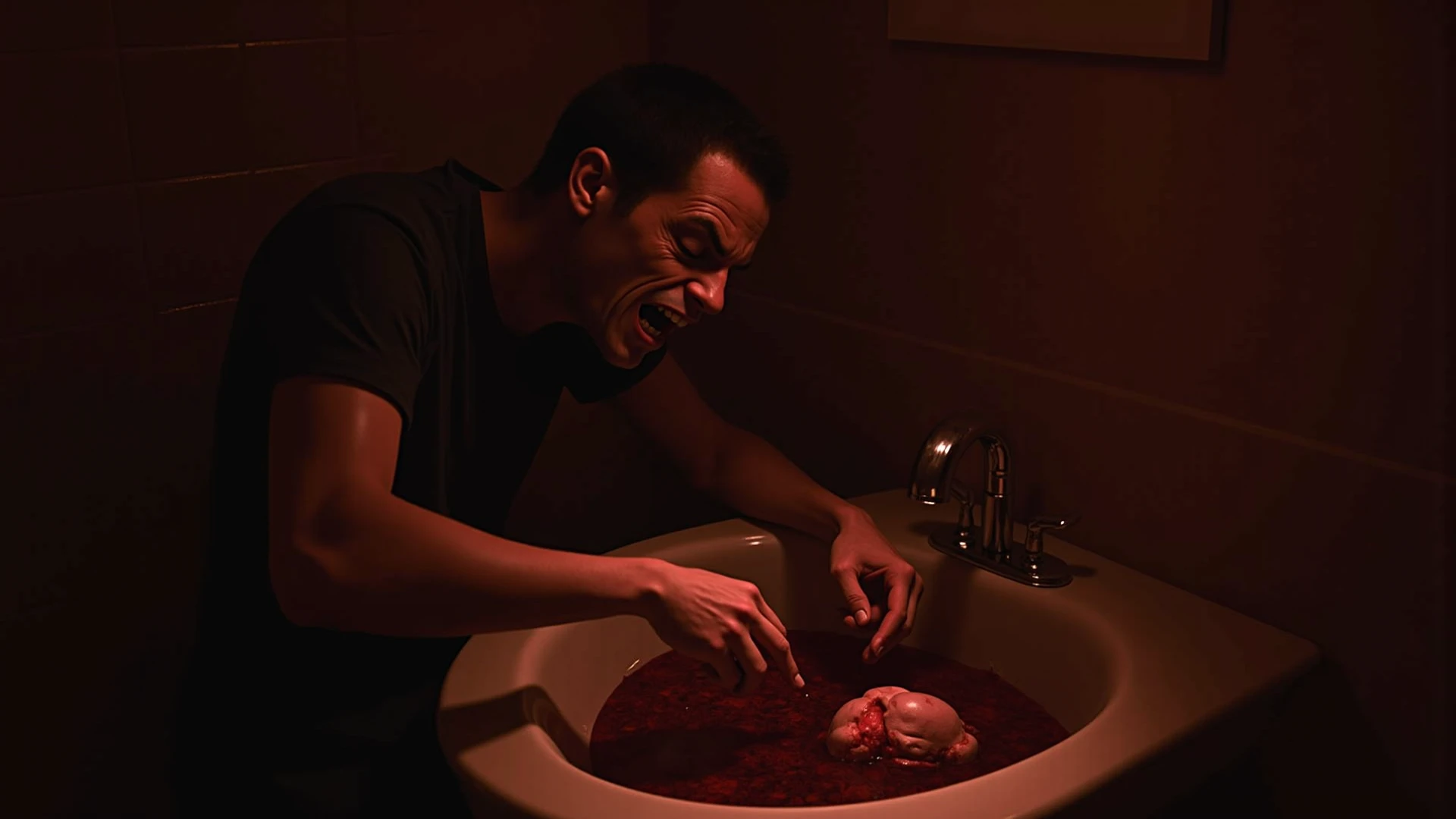 create a scene : Where a man's hands are covered with blood, he is washing his hands with water in the basin in front of a mirror. light setup is red glare. Make it look realistic. Create it in a cinematic frame of 16:9 ratio and close up to just on the hands.