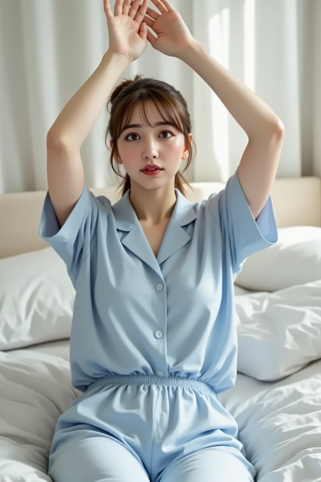 Ultra-realistic depiction of a 22-year-old girl sleeping peacefully in delicate and tight blue pajamas and shorts, her seductive brown hair gently resting on the pillow.