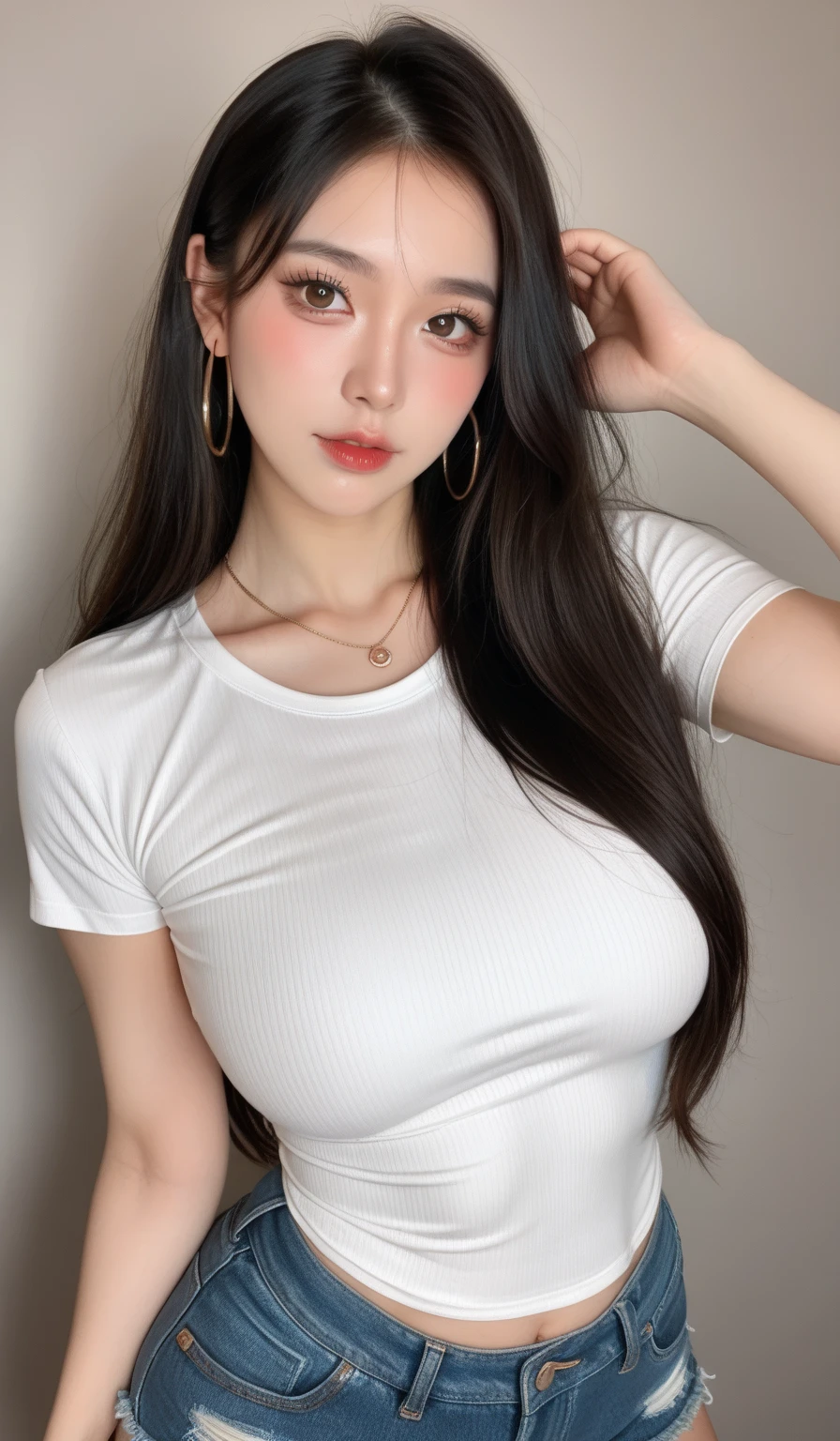 DA_YunXi_1girl, solo, long_hair, breasts, blue_eyes, large_breasts, shirt, black_hair, hair_ornament, jewelry, closed_mouth, upper_body, ponytail, short_sleeves, belt, pants, yellow_shirt, window, denim, curtains, jeans, shirt_tucked_in, yellow_belt