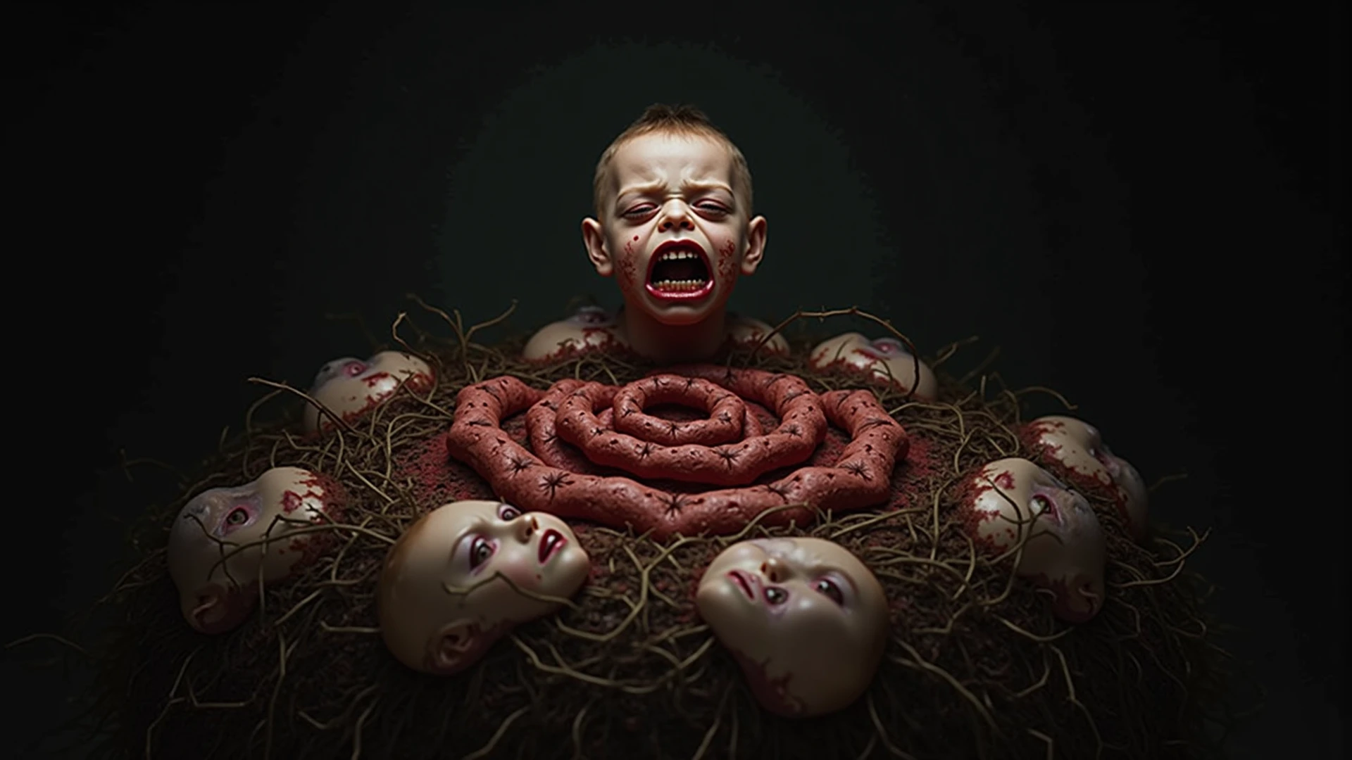 It&#39;s a cover, a thin, white-skinned child, short hair, wearing a long off-white shirt, squatting down holding your knees with your hands, with his mouth wide open and another child looking out of it, just like him, but this one in a demonic form and tearing out his eyes., and the background being pale yellow 