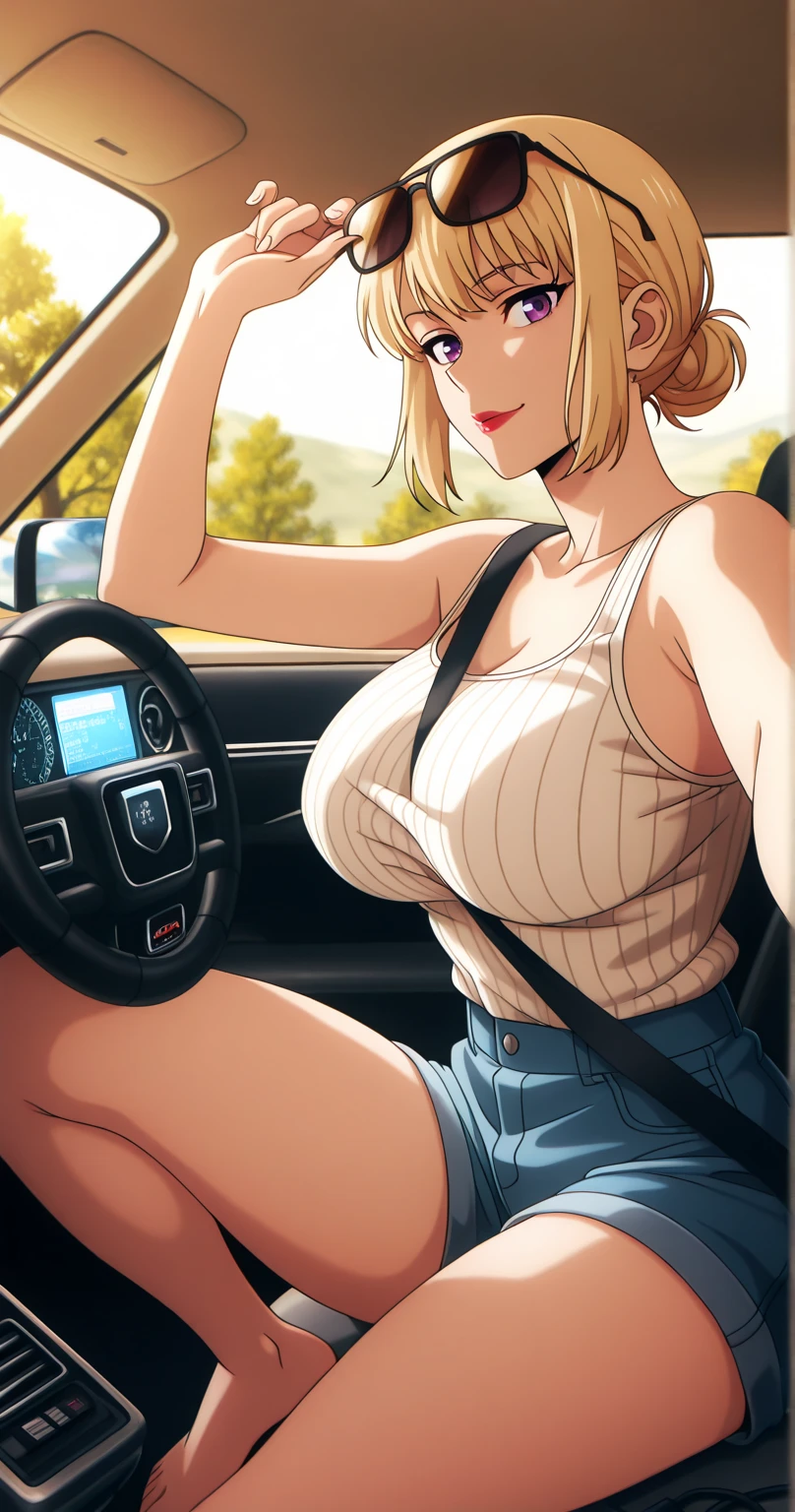 piercing, <lora:Ring-15:0.75>,Woman driving her car,nose piercing,nipple piercing
