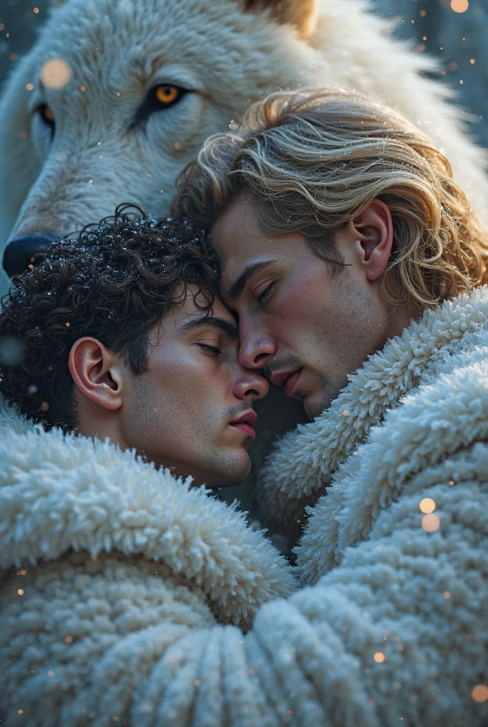 baroque painting+muslim_art fullbody portrait, an arabian prince, cinnamon skin green eyes, wavy black hair, thin face, slender toned body, body hair, beautiful face, next to a young viking, blond, blue eyes, muscular beautiful face, strong, masculine perfect proportions, white skin innocent look, both men laying down on a bearskin blankets bed dynamic movement composition in the background large window to see the snowy day