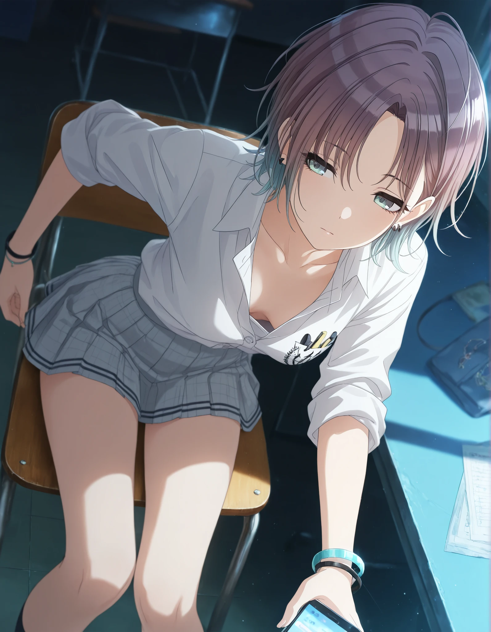 masterpiece,best quality, good quality, dark ,school ,indoors,((cinematic light)) shanimas, source_anime,asakura toru, short hair, brown hair, blue hair, blue eyes, half-closed eyes, , 1girl, solo, looking away, ahoge, bracelet, earrings, (white shirt, gray mini skirt, ), collared shirt ,pleated skirt, mini skirt, parted bangs, bracelet, (small breast), (slim arms), from above, (), sitting on chair, bent over, head leaning for viewer, using phone, down blouse, ,