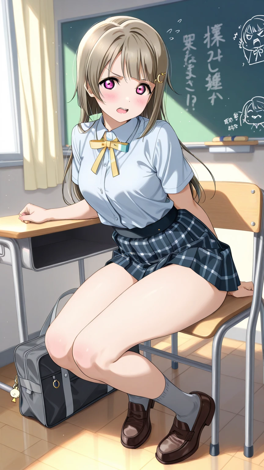NSFW,((masterpiece)), ((best quality)), (ultra-detailed), ((extremely detailed)), 4K, (8K), best quality, (beautiful), super fine illustration, realistic, nsfw,1girl, solo, an extremely cute and beautiful young girl, large breasts,from below,sitting chair,spread legs,pink panties,panty shot,medium straight,brown hair,brown eyes,school girl uniform,classroom