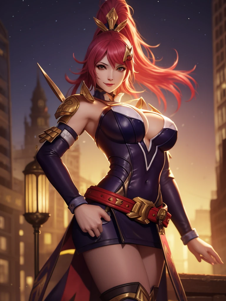 WZRYhuamulanYP, 1girl, solo, breasts, ponytail, red hair, long hair, red eyes, large breasts, cleavage, armor, detached sleeves, belt,hair ornament,dress, <lora:WZRYhuamulanYP:0.75>,cityscape, night,looking at viewer, mature female,hand on hip,