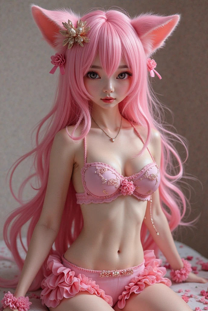 ((highest quality)), ((masterpiece)), (extremely detailed), kukolnydom, doll, mature woman, solo, cowboy shot, dynamic pose, seductive smile, pink hair, long hair, hairband, blunt bang, swimsuit, beach, 8k