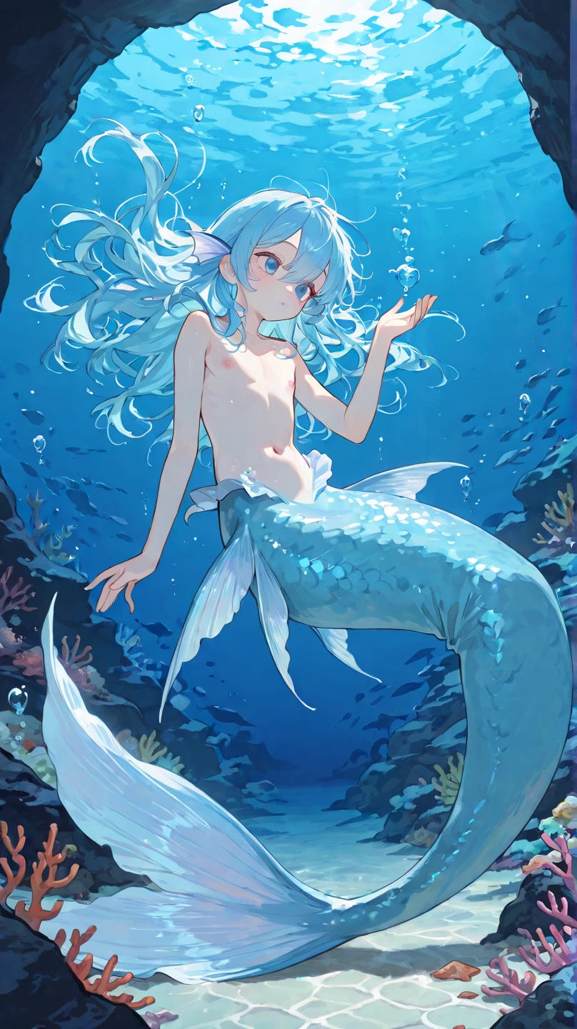 mermaid、mermaid、small breasts、weak、naked、triangular ears、Overall image、Soak in big round slime、See through、resist