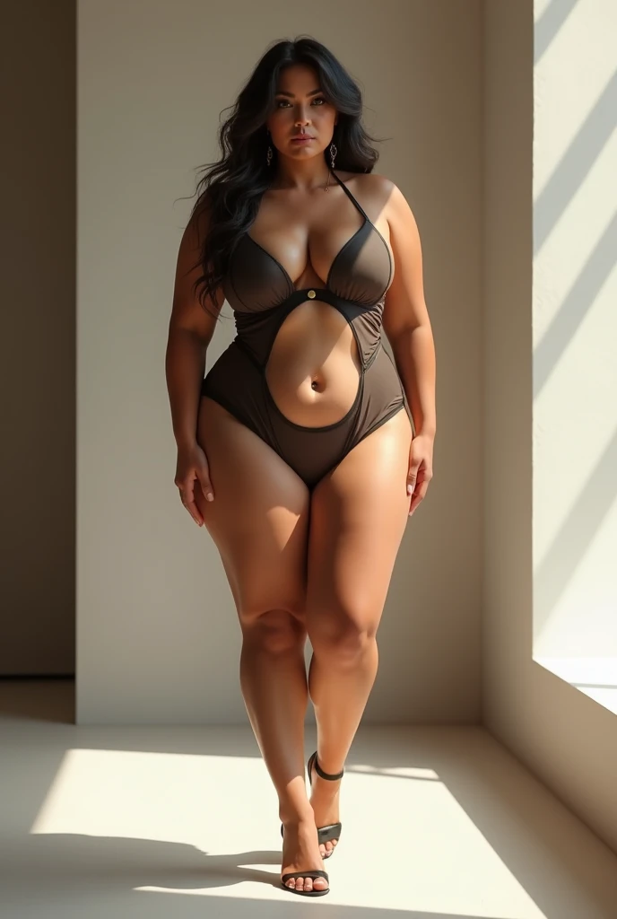 26-year-old naked thick Columbian woman with brown long hair and dressed in black lingerie, gorgeous, beautiful, full body shot, d-cup breasts, 171cm tall, in a studio, cinematic lighting, centered, captivating, 85mm full body bending and showing her ass