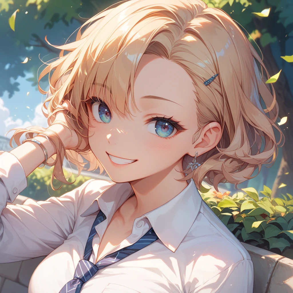 Anime girl with blonde hair and blue tie posing for a picture - SeaArt AI