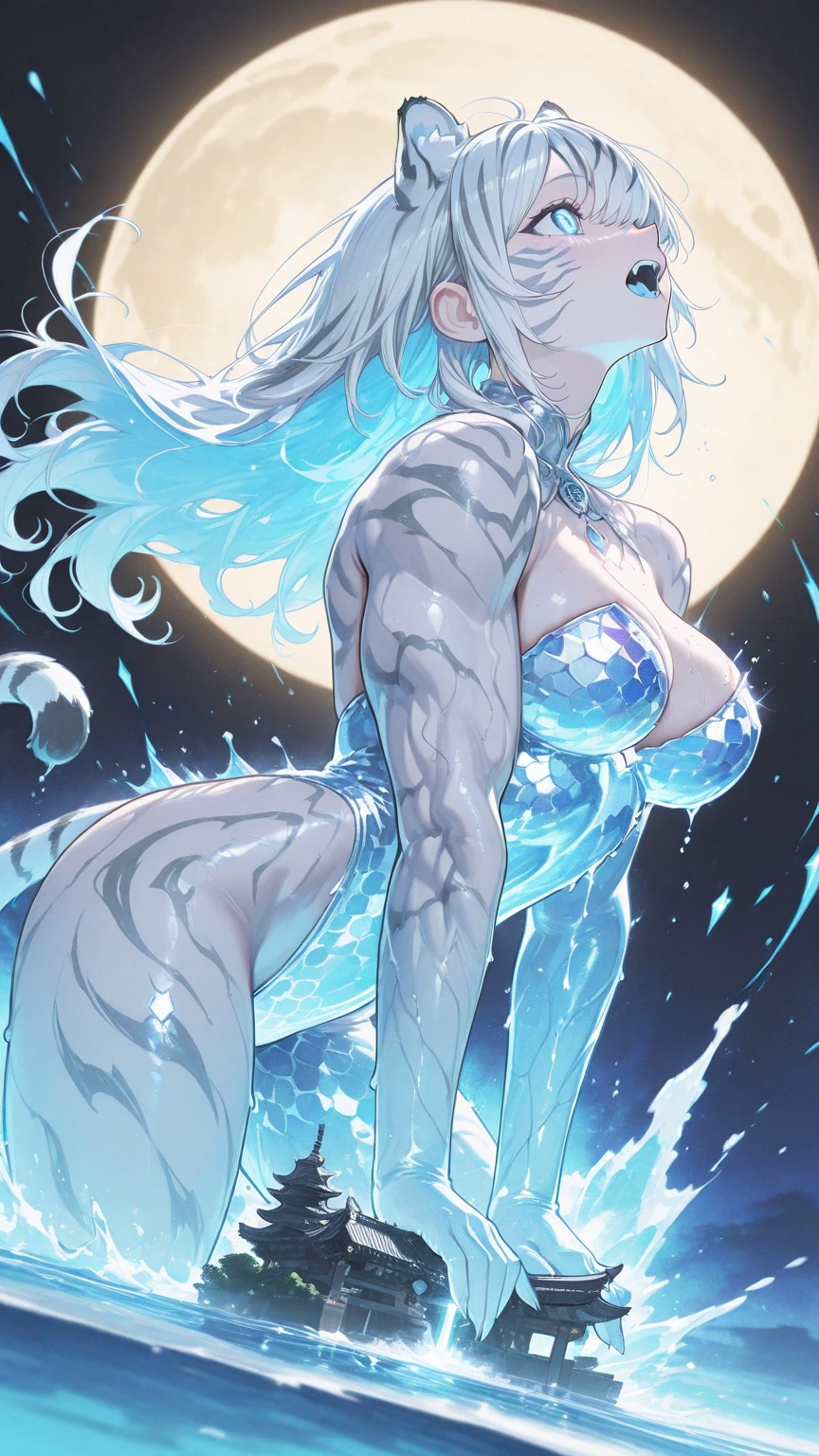 (((I want a dragon woman alone, fair skin, long white hair with hairstyle, cold blue eyes, slightly curvy body, medium breasts, wearing pretty dress)))