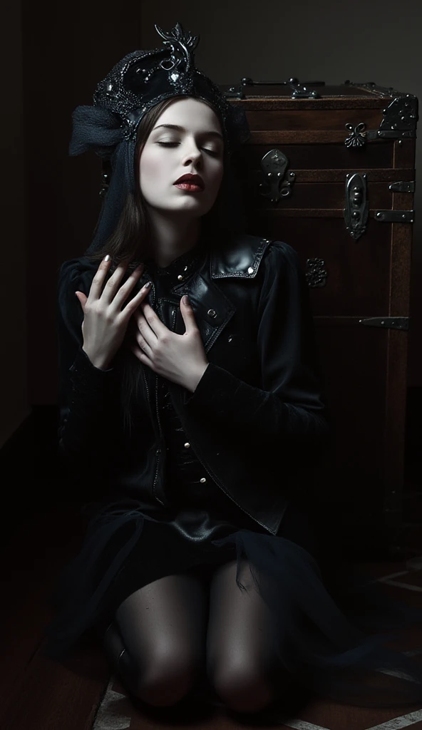 Dark,look close corner face camera , hold big cat,a woman sofia Steinberg face, medium hair with bangs, pale white skinned ,wearing Black shirt blackmetal, pose sit in Wooden chairs, room blackmetal, look above camera , in room blackmetal style steinberg model blackmetal , sad depression funiture skulls swords, flowers black Roses ,poster ,stickerband, mortuary ,blackmetal background, digital painting, highly detailed, 3D animation, black roses,
