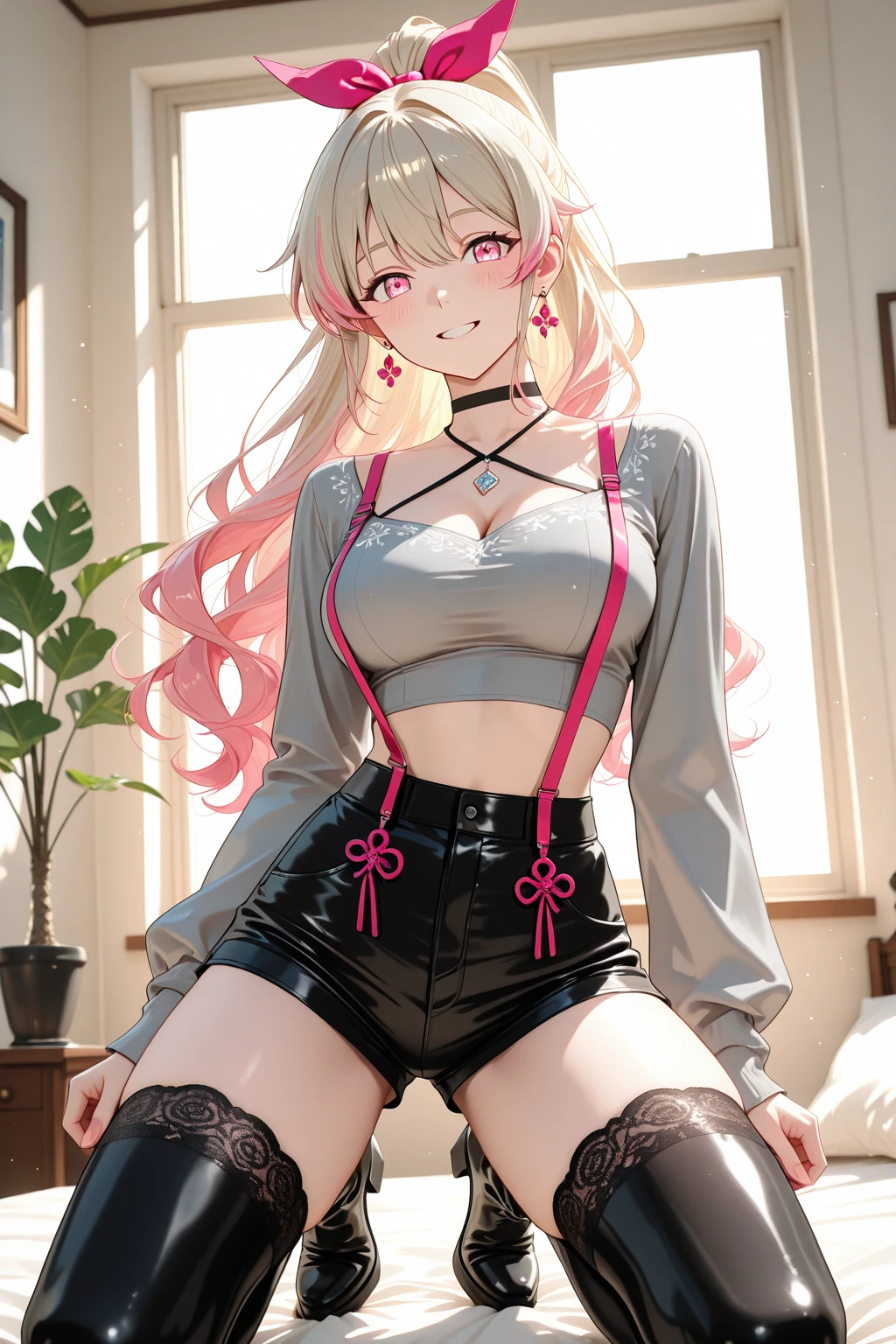 gyaru, curvy, tan skin, curly blonde hair, pink tube top, pink miniskirt, long nails