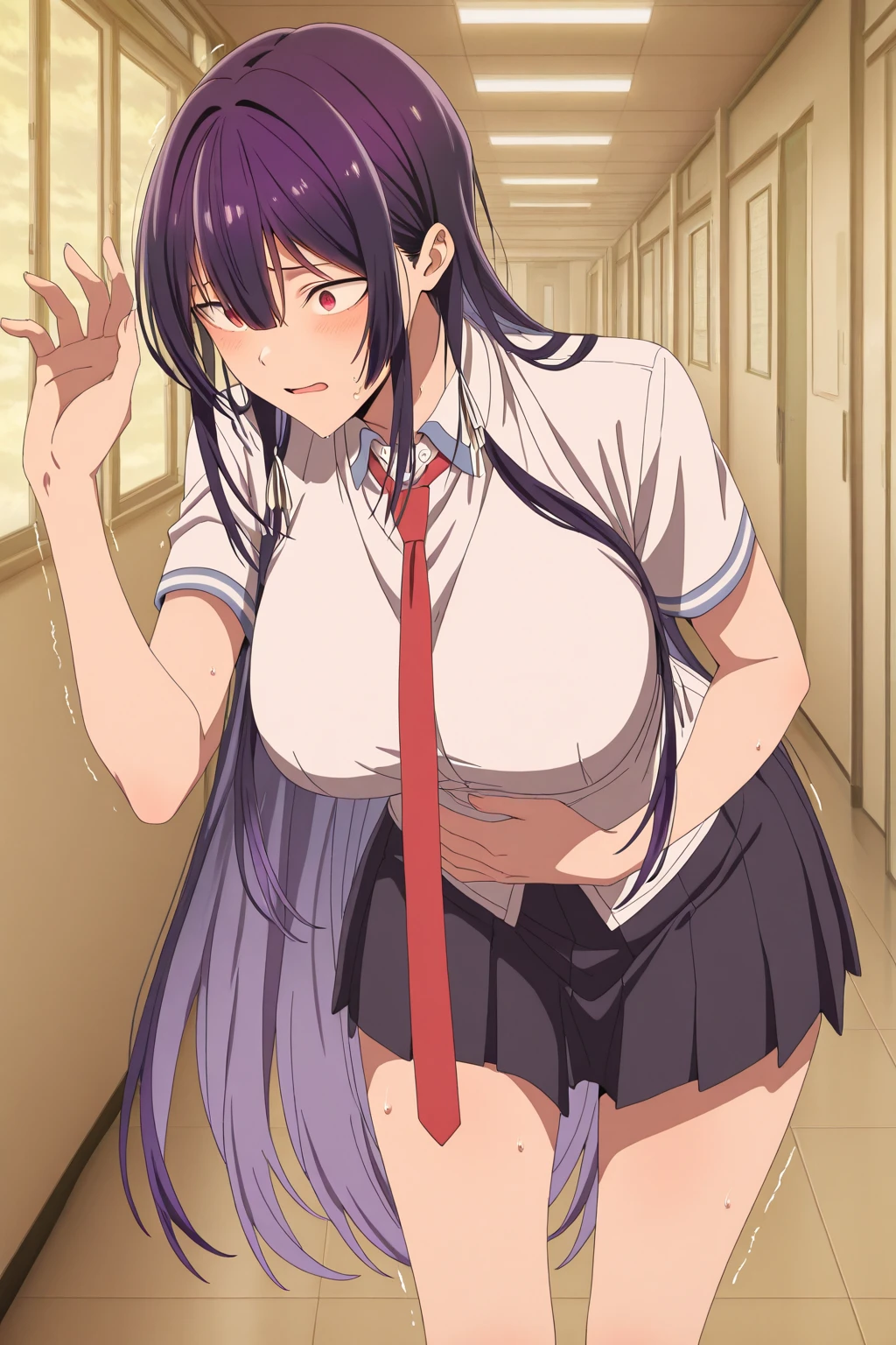 1girl, nsfw, furuderika, long hair, purple eyes, blue hair, blunt bangs,  empty eyes, large breasts, nipple, Walking, Hospital, frozen, wet, crying, Naked, (1girl) , solo, Blank look, Peeing, lactation, projectile lactation