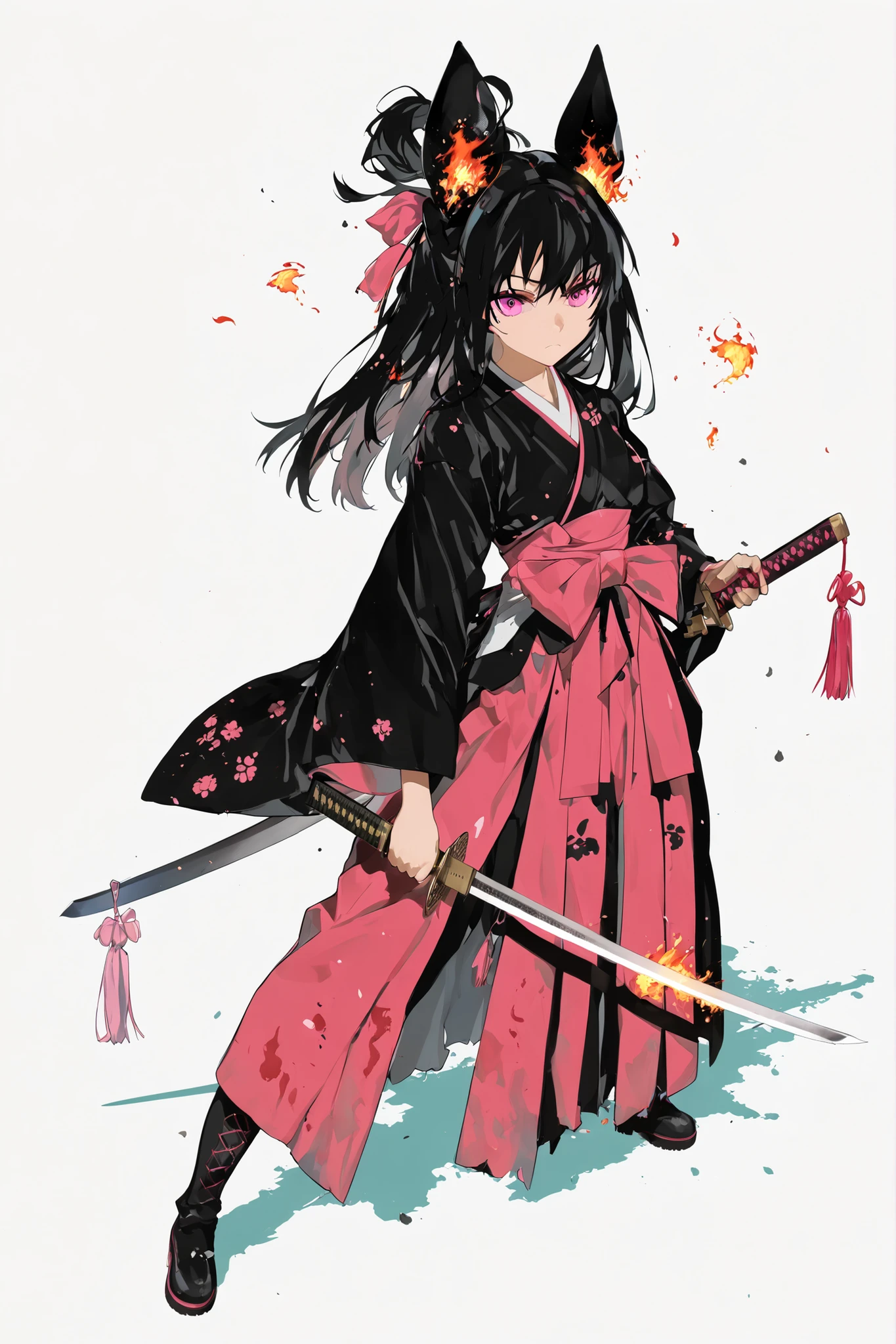 Wearing a black and pink high school girl uniform、Anime girl with a sword, Burning, standing in waste, clean and detailed anime art, inspired by Kano Hogai, she has a sword, Samurai Sword Pulling Out a Sword,  Flat anime style , Fate/Stay Night, beautiful anime art style, Anime Painter Studio