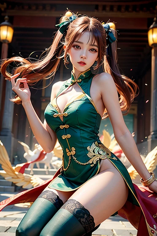 (((long Traditional Chinese costumes outfit comes off))),(((view full body))),(((Show cleavage))),(((bare inner thigh)))、(((show side breast))),(((detached sleeves))),(((over-kneehighs))),ulzzang-6500-v1.1, (Raw photo:1.2), (Photorealsitic:1.4), a beautiful detailed girl, extremely detailed eye and face, beautiful detailed eyes, ultra-detailed, High resolution, top-quality, masterpiece, ighly detailed, 8k wallpaper, magnifica, finely detail, top-quality, Light on the face,电影灯光,1girl in,(Forbidden City during the Ming Dynasty),Beautiful eyes,a smile,Opening Mouth,(((pants wedged between buttocks))),Lace-rimmed panties