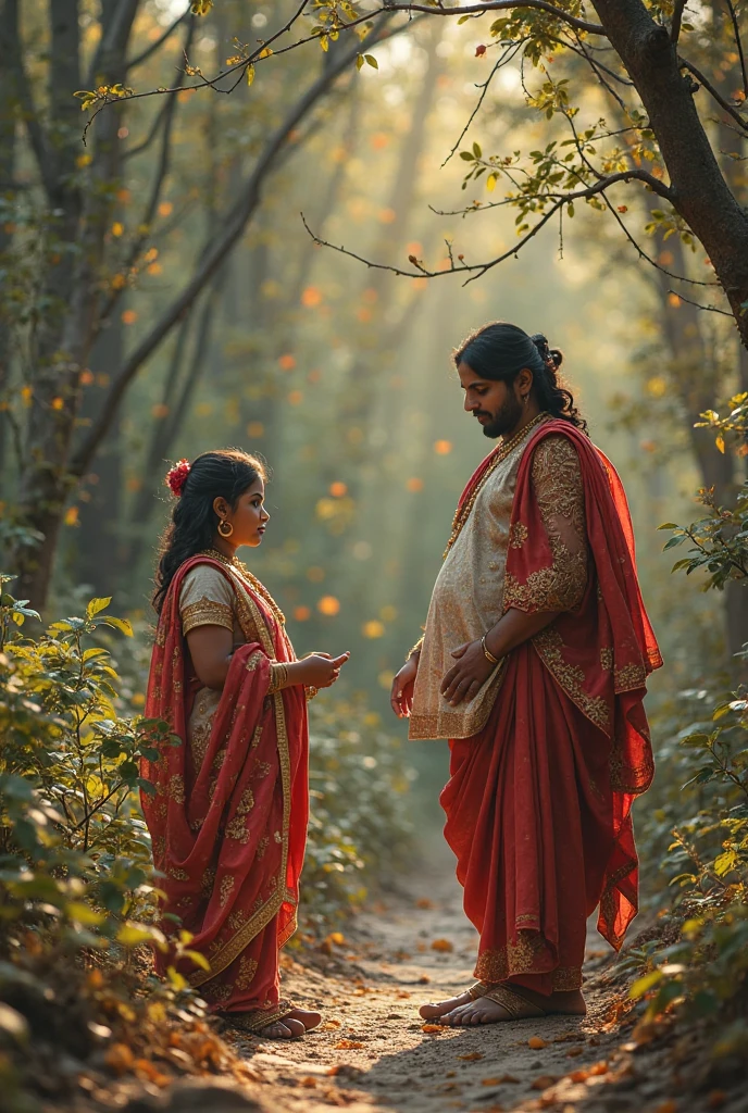 a beautiful and colorful scene of an expectant Hindu woman from Kerala, decorated with bindi and jewelry, standing infront of a tall, traditionally dressed Arab man