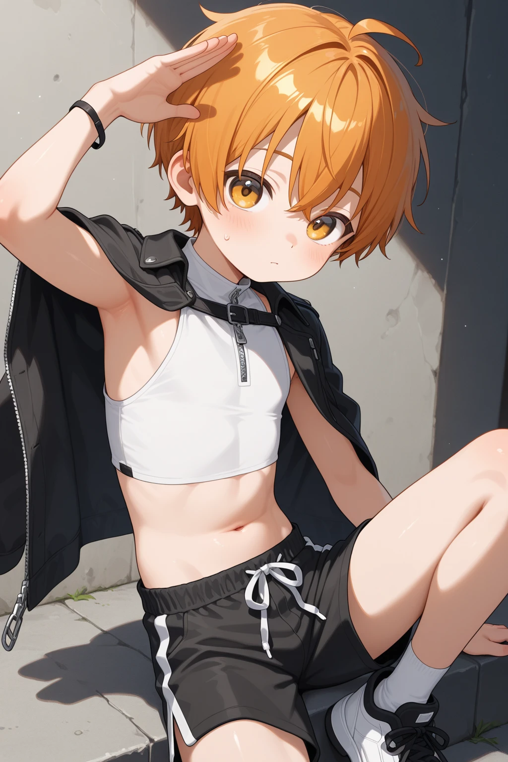 7-year-old boy, (((shota))), A small cute boy, navel, Skinny, bare thigh, duffle coat, duffel coat, Sweat, sneakers, full body, (best Quality, Amazing Details:1.2), 8k, official art, extremely detailed CG