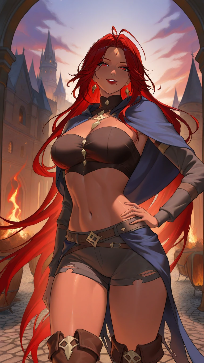 Mature woman, strong, dark skin, black bikini, long red hair, large breasts, large thighs, old and torn cape, 80s, fantasy, medieval, desert, sun, blue sky, well detailed brightness.