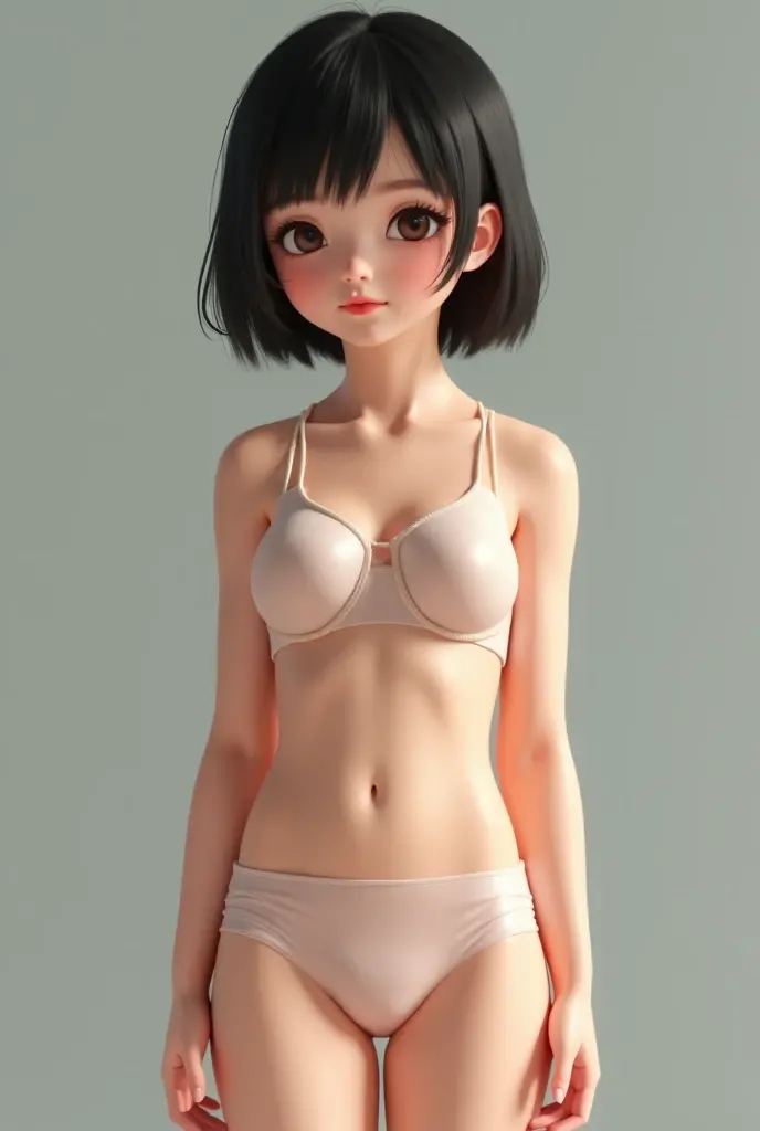 Transparent thin short fashion pattern multicolor, Cute Japanese woman with black hair, skinny figure, flat chest, putti bust, From below, Underwear, white cotton panties pattern