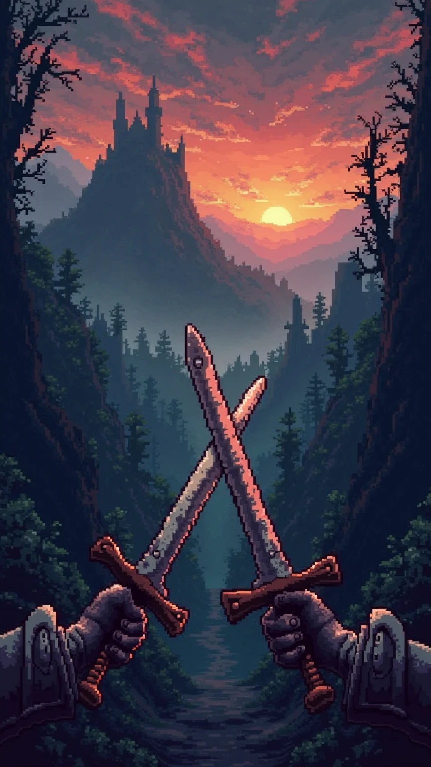 POV perspective in high-resolution pixel art style, the viewer holds a ...