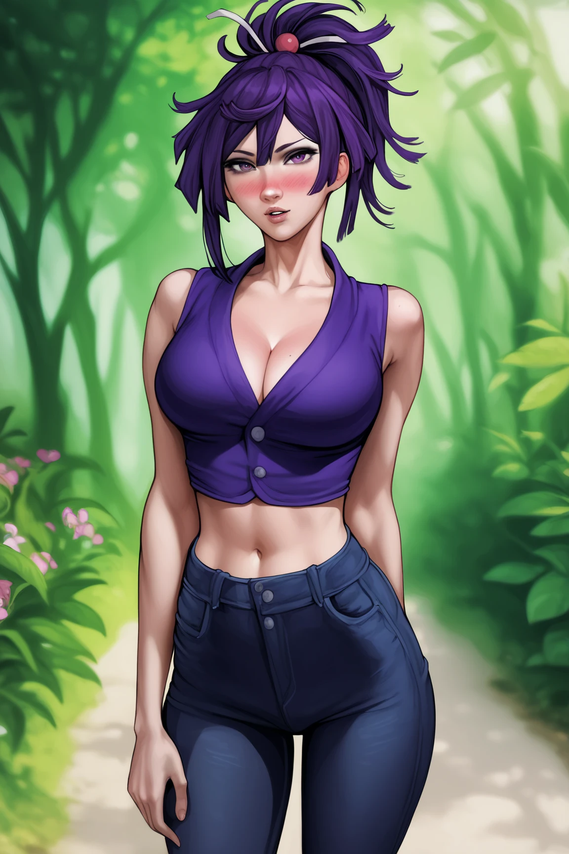 best quality, masterpiece, (leaning: 1.4),
1girl, yuzuriha_(jigokuraku), purple hair, brown eyes, ninja, open clothes, neckline, large breasts, topknot, medium hair, breasts apart, seductive smile, pants, ???????, (blush: 1.1), Japanese exterior, temple, Hentai, Sample breasts