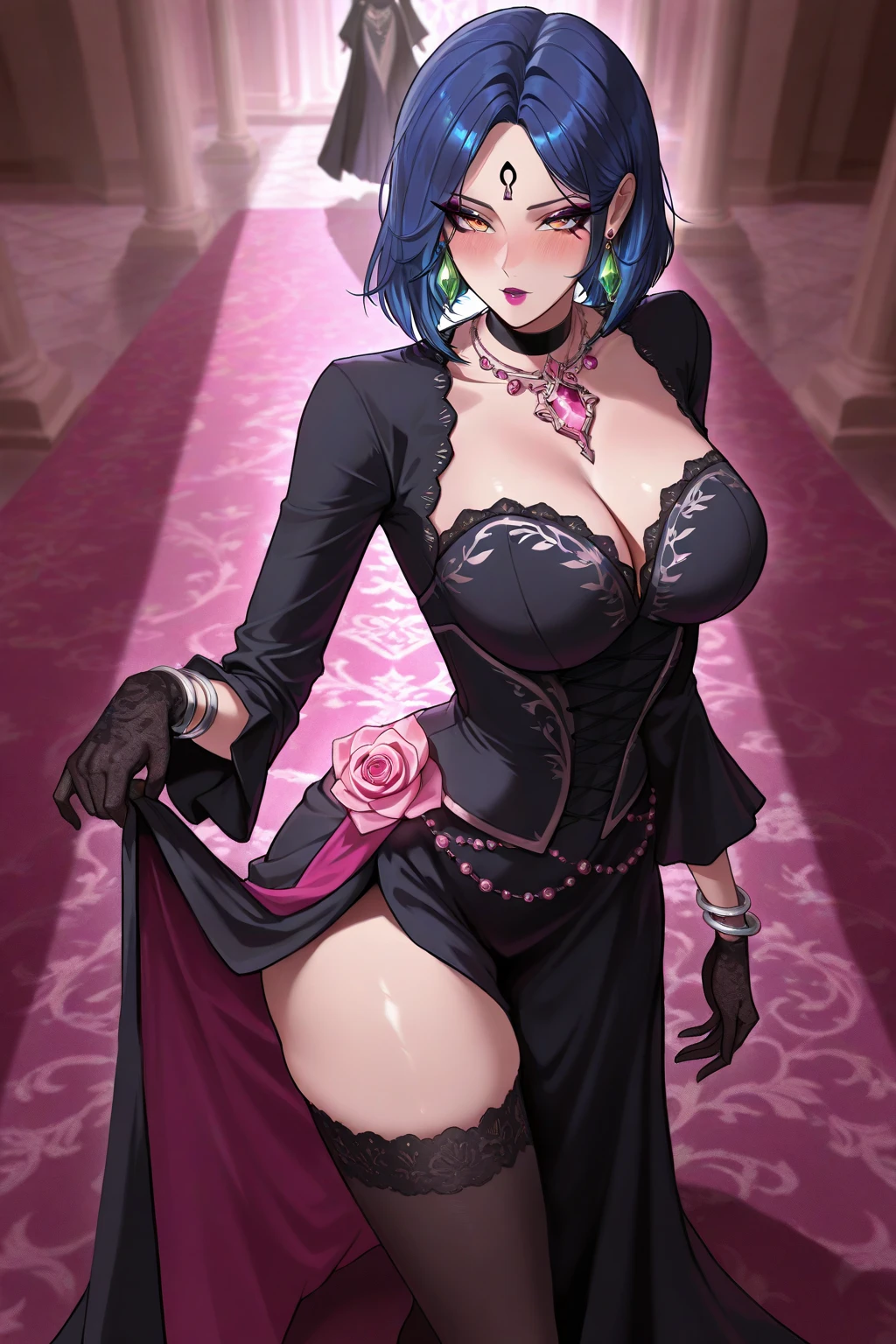 leblanc , she has arched eyebrows , sitting , crossed legs , castle background