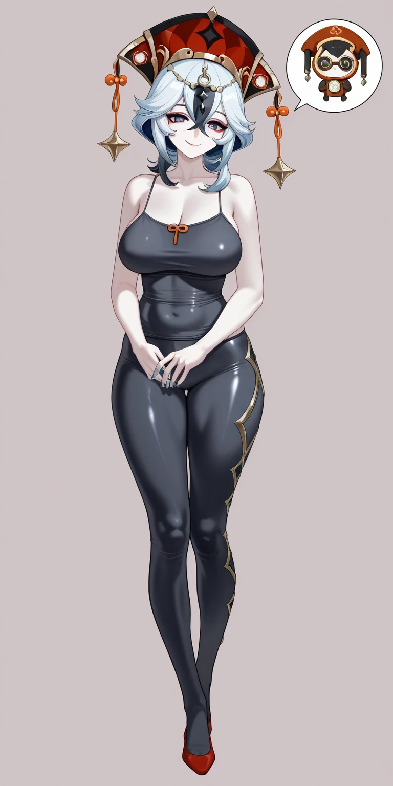 pink hair, (short bangs hair:1.36), detailed brown eyes, narrow waist, depth of field, 1girl, (on a background:1.3), (full body:1.4), pose, big breasts, wide hips, athletic figure, ((thigh cutout:1.3):1.2), (((dark skin))), sedused pose,