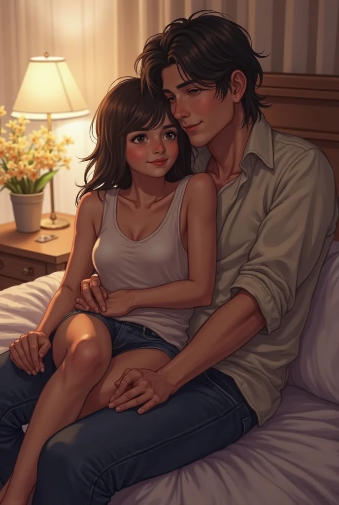 cute young woman in her cozy room with a man, teen girl wearing a T-shirt and ((panties)), man is wearing long pants, ((American)),  man is spanking teenage girl otk, man giving a young woman a firm spanking, girl looks embarrassed, Blush, depth of field