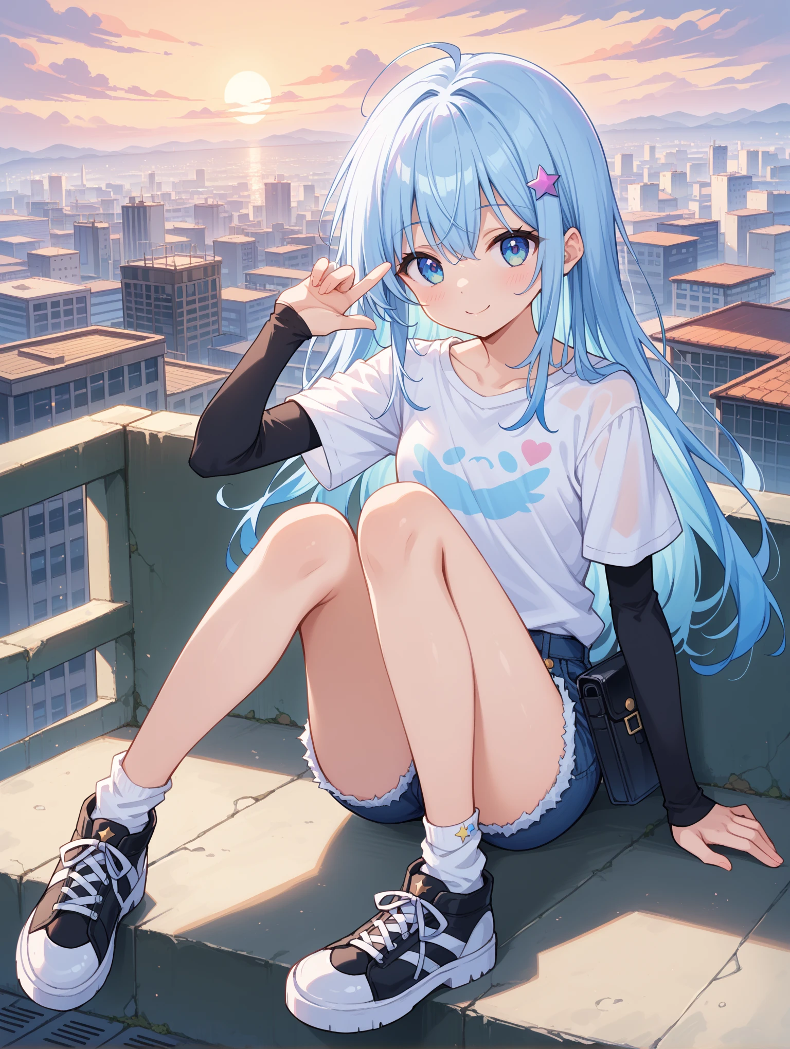masterpiece,best quality,official art,illustration,ligne claire,(dreamy),(colorful:1.3),perfect composition,absurdres,intricate details,fantasy,focused,(in the high air),Unable to see the ground,(above the cloud:1.4),(finely detailed modern lost_city:1.3),(lost_city towering above the clouds:1.2),epic,(focus_girl:1.4),(girl in city peak of Broken bridge),rule of thirds,anime_face,fine-tuning face,small breasts,finely detailed light_skyblue_eyes,white_jacket and white_shirt,black_beltskirt,(light_blue_hair),very_long_hair,side braid,loose_hair,semi-rimless eyewear,overhead_viewer,wind blow at viewer,side_face, (ground is starry_sky),smile,sitting,(depth_of_field)